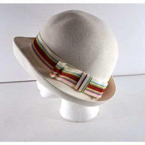 Women's Vintage Adolfo Realites Hat Bowler White Felt Striped Rainbow Brim Bow S
